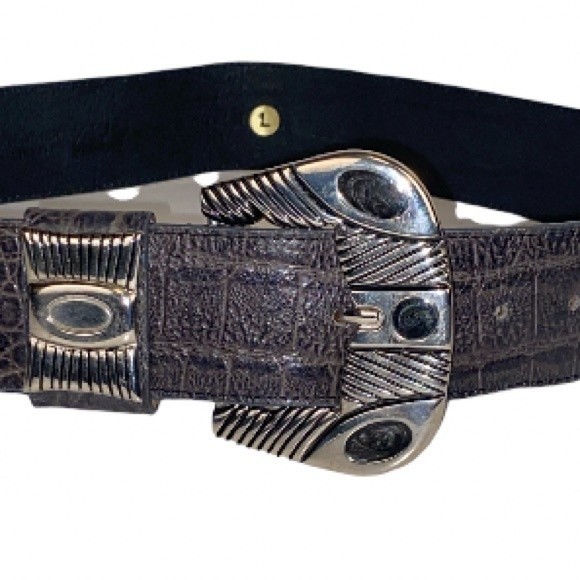 90s MZ New York Western Belt Top Grain Leather Brown lined Silver Buckle size L main image 8
